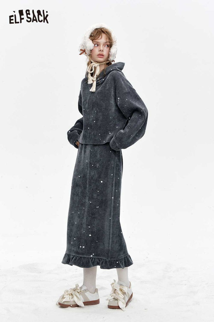 ELFSACK Light Miu Style Gray Chenille Hoodie Half Skirt Set