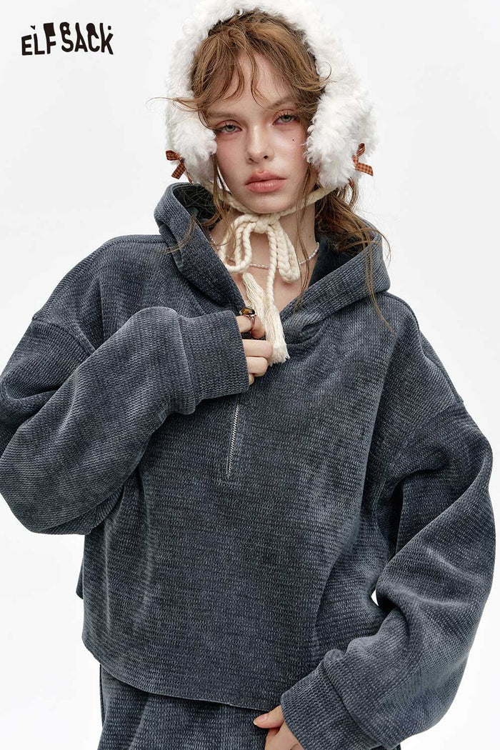 ELFSACK Light Miu Style Gray Chenille Hoodie Half Skirt Set