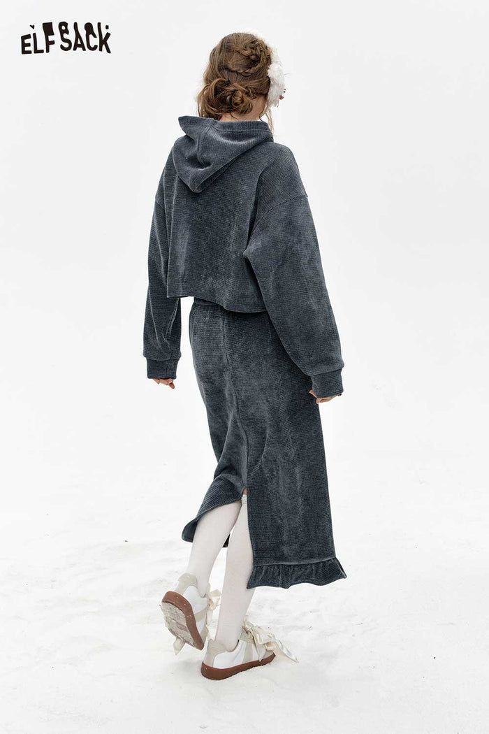 ELFSACK Light Miu Style Gray Chenille Hoodie Half Skirt Set