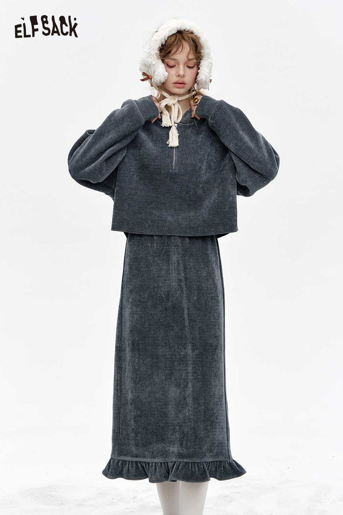 ELFSACK Light Miu Style Gray Chenille Hoodie Half Skirt Set