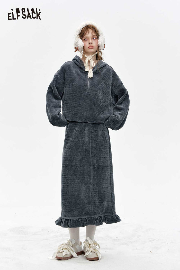 ELFSACK Light Miu Style Gray Chenille Hoodie Half Skirt Set
