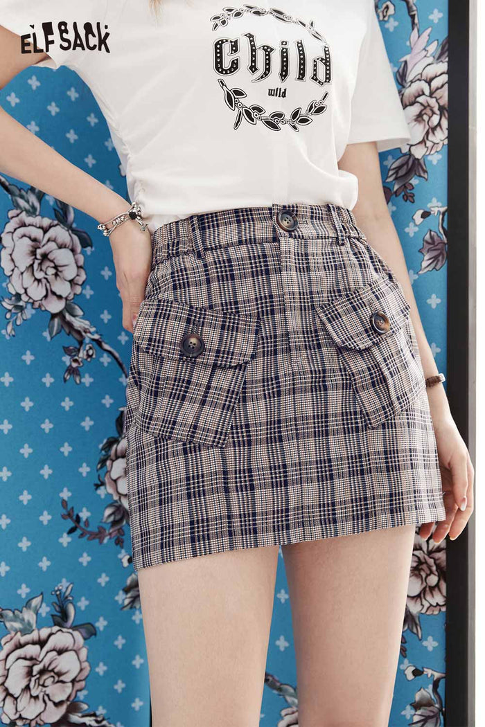 ELFSACK Light Plaid Utility High Waist Bodycon Short Skirt