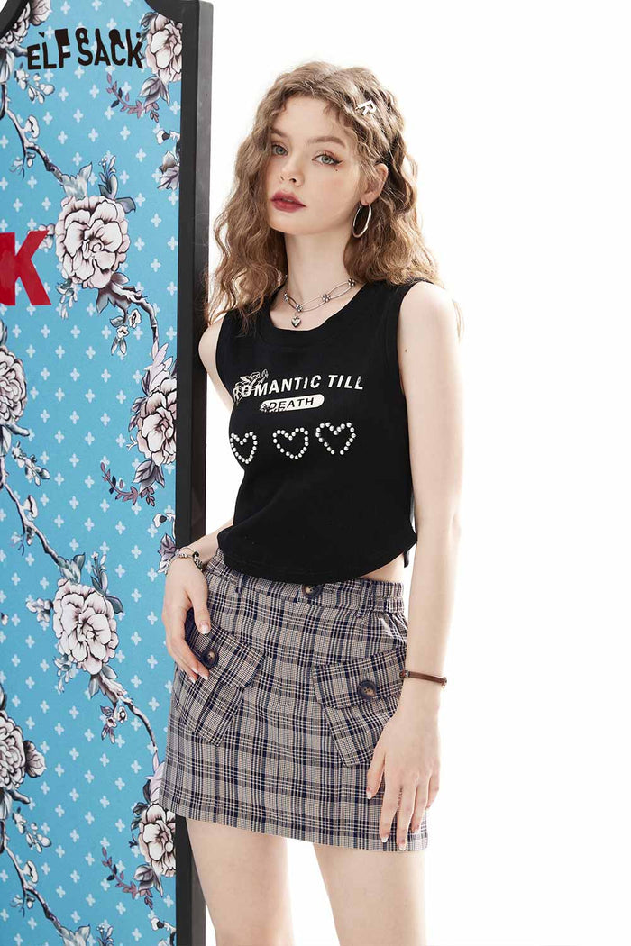 ELFSACK Light Plaid Utility High Waist Bodycon Short Skirt