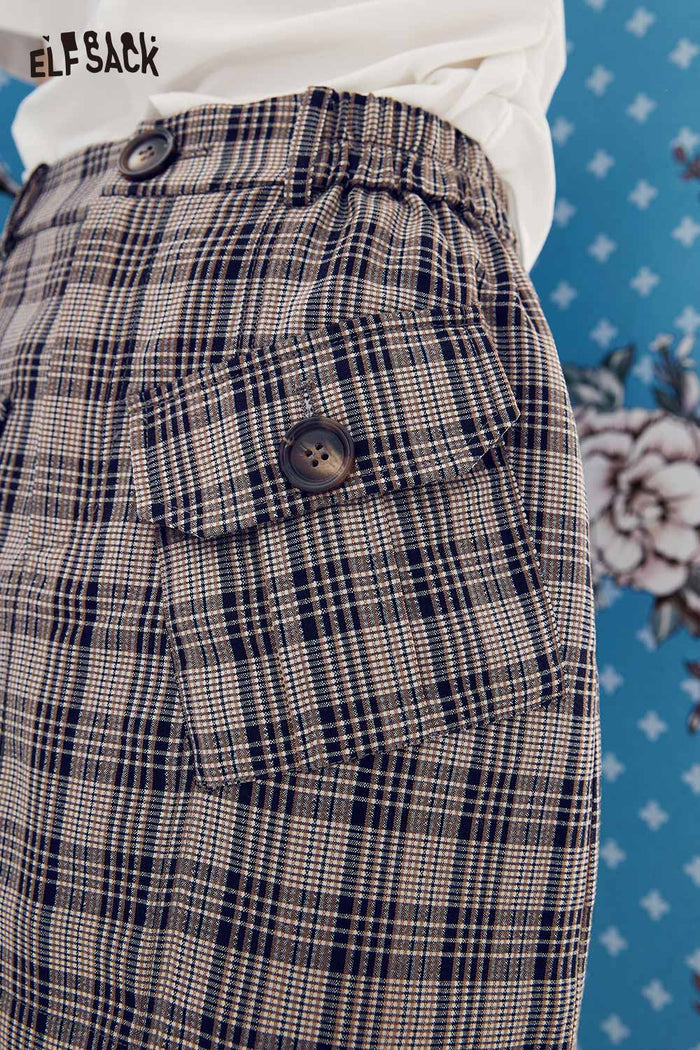 ELFSACK Light Plaid Utility High Waist Bodycon Short Skirt