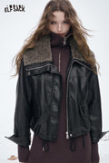 ELFSACK Light Plush Lining Lapel Leather Jacket