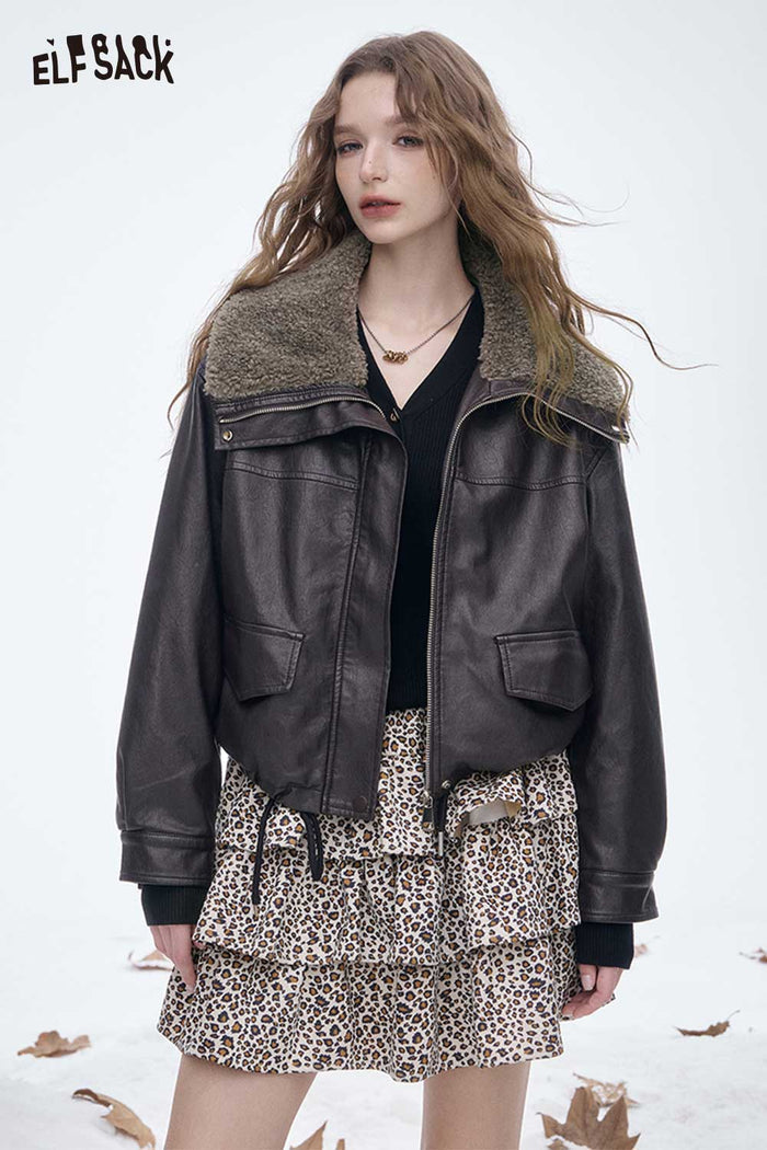 ELFSACK Light Plush Lining Lapel Leather Jacket