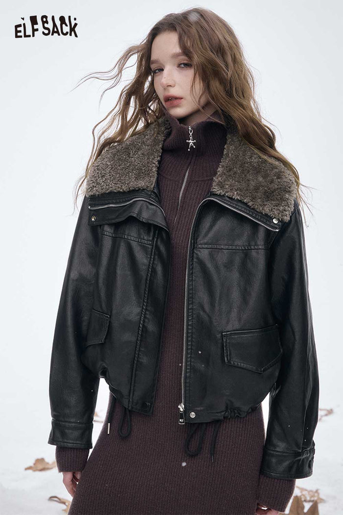 ELFSACK Light Plush Lining Lapel Leather Jacket