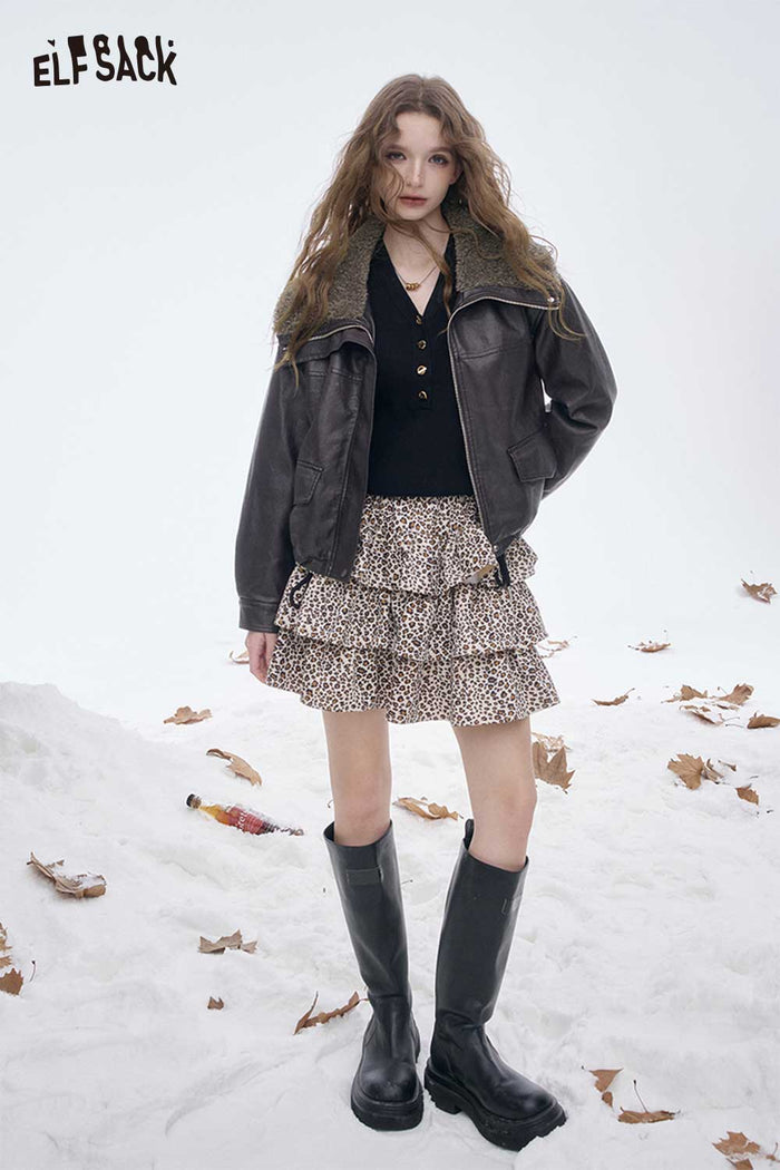 ELFSACK Light Plush Lining Lapel Leather Jacket