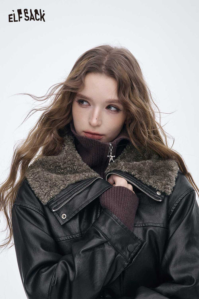 ELFSACK Light Plush Lining Lapel Leather Jacket