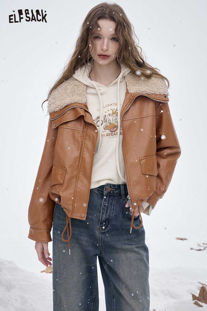 ELFSACK Light Plush Lining Lapel Leather Jacket