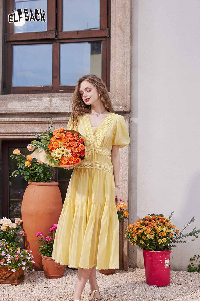 ELFSACK Light Puff Sleeve Long Dress