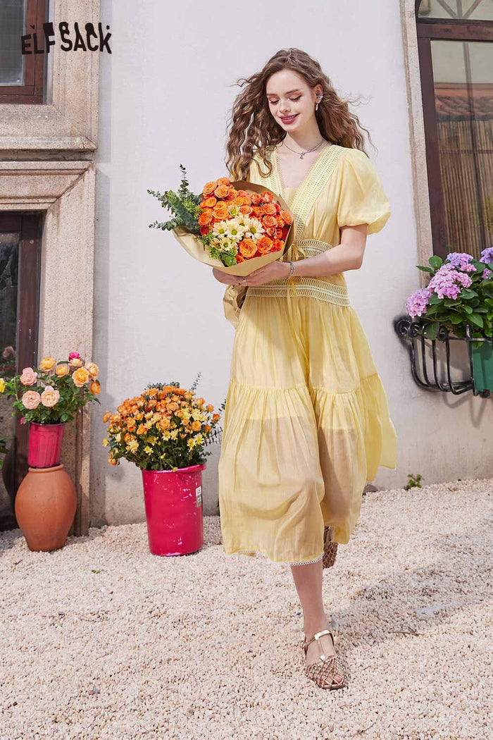 ELFSACK Light Puff Sleeve Long Dress