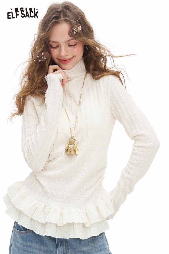 ELFSACK Light Slimming Solid Ruffle High Neck Long Sleeve Tshirt
