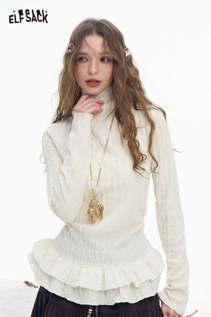 ELFSACK Light Slimming Solid Ruffle High Neck Long Sleeve Tshirt