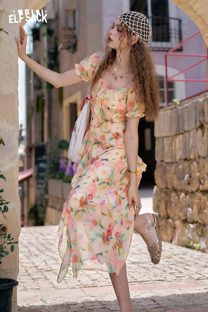 ELFSACK Light Tiered Puff Sleeve Long Dress