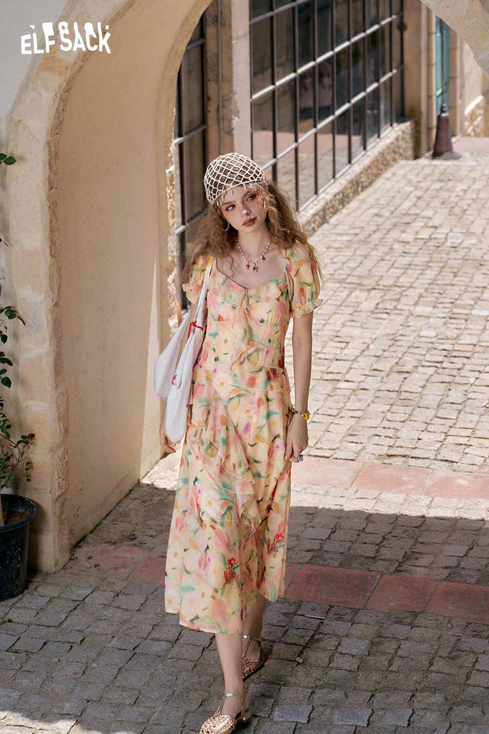 ELFSACK Light Tiered Puff Sleeve Long Dress