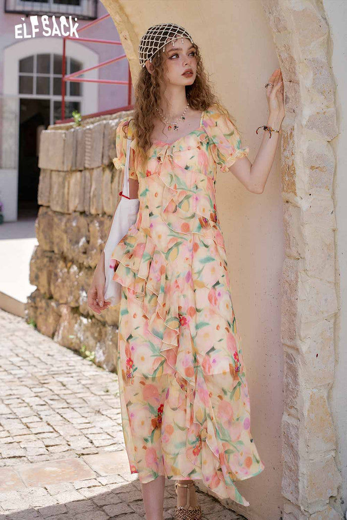 ELFSACK Light Tiered Puff Sleeve Long Dress