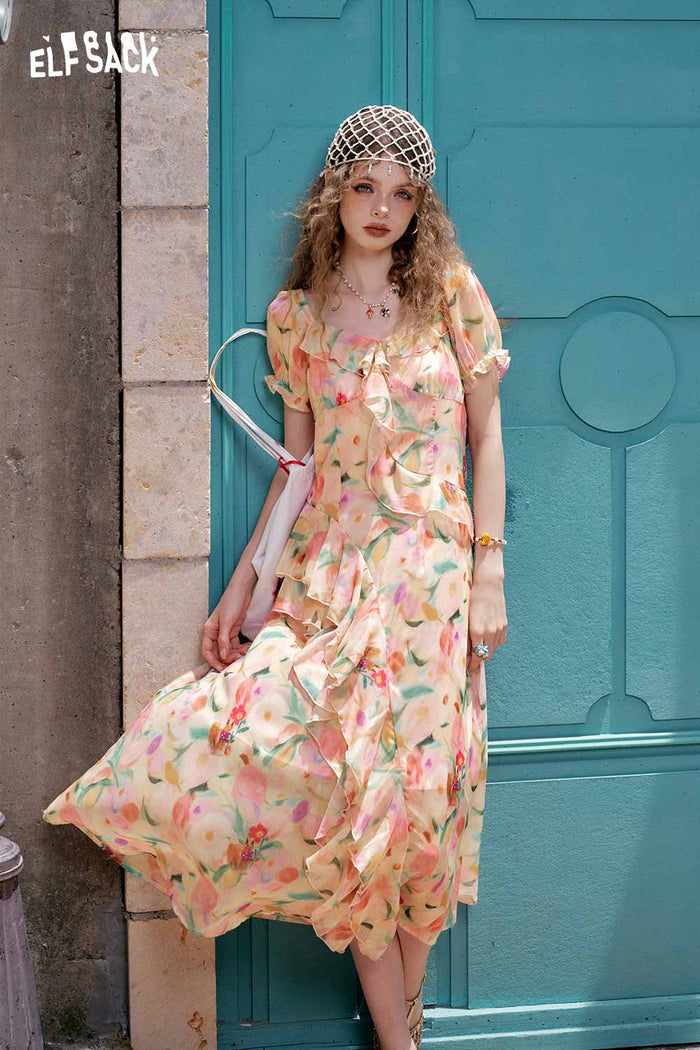 ELFSACK Light Tiered Puff Sleeve Long Dress
