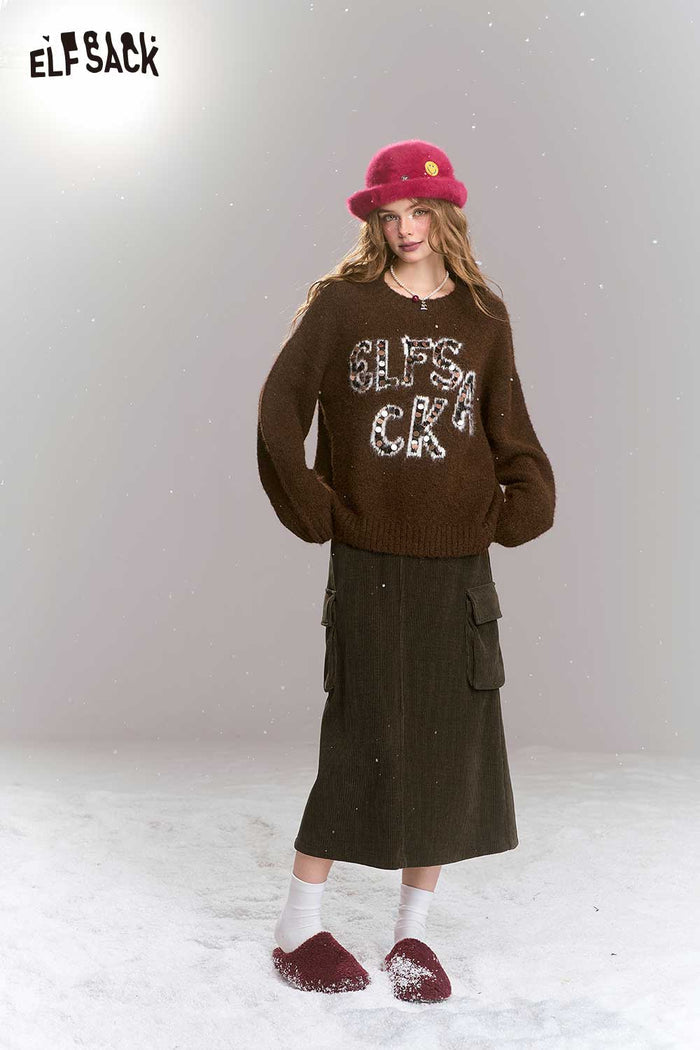 ELFSACK Light Vintage Brown Straight Large Pocket Long Skirt