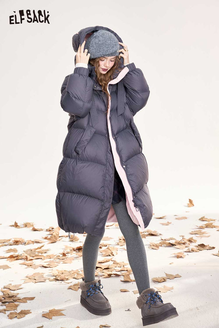 ELFSACK Light Warm Lightweight Mid Length Hooded Down Coat