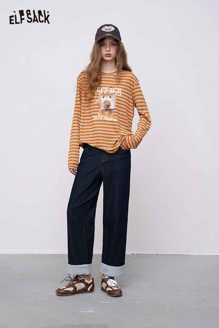 ELFSACK Lightweight Colorblock Stripe Long Sleeve T-shirts