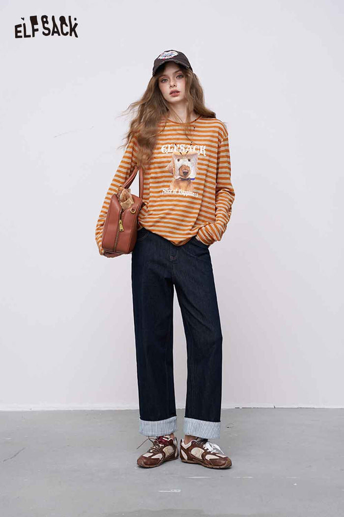 ELFSACK Lightweight Colorblock Stripe Long Sleeve T-shirts