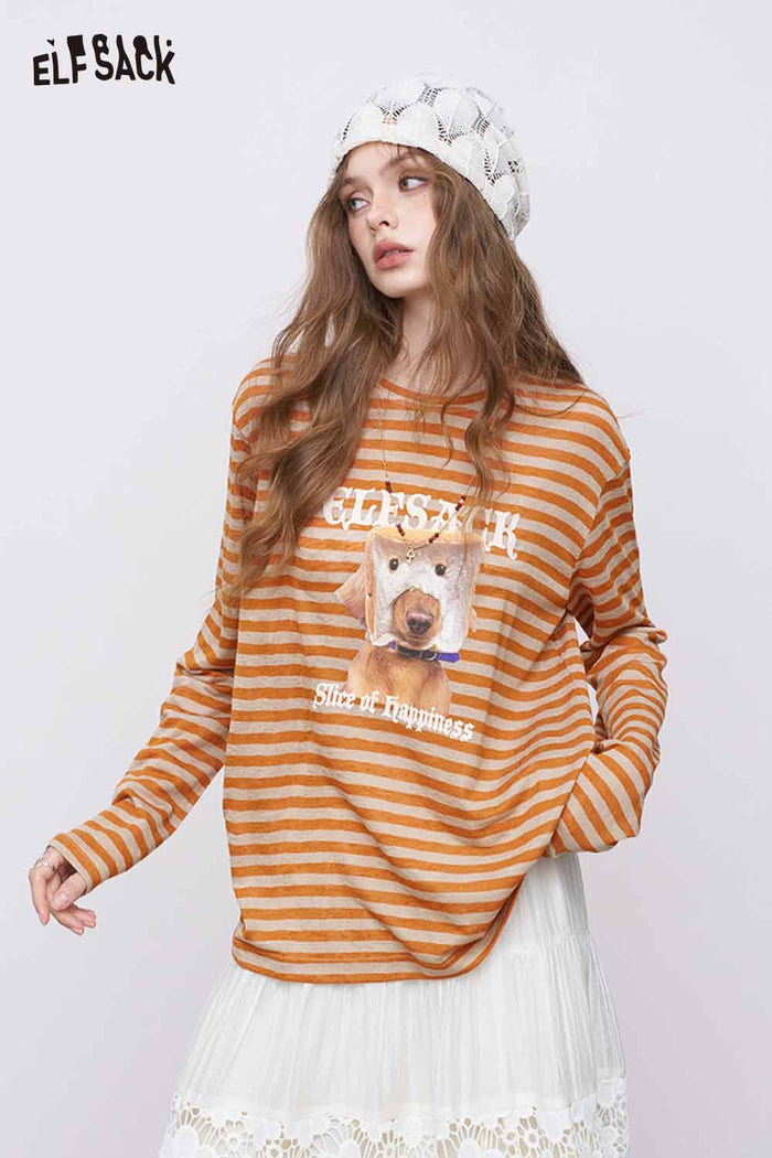 ELFSACK Lightweight Colorblock Stripe Long Sleeve T-shirts
