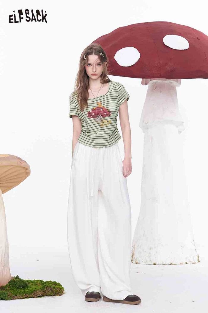 ELFSACK Linen Blend Drawstring Waist Wide Leg Pants