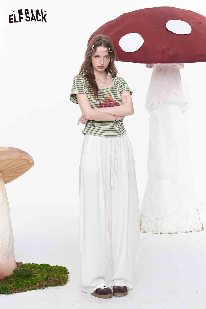 ELFSACK Linen Blend Drawstring Waist Wide Leg Pants