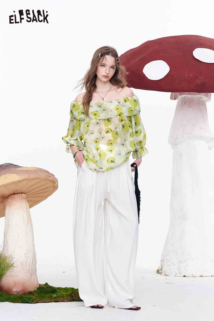 ELFSACK Linen Blend Drawstring Waist Wide Leg Pants