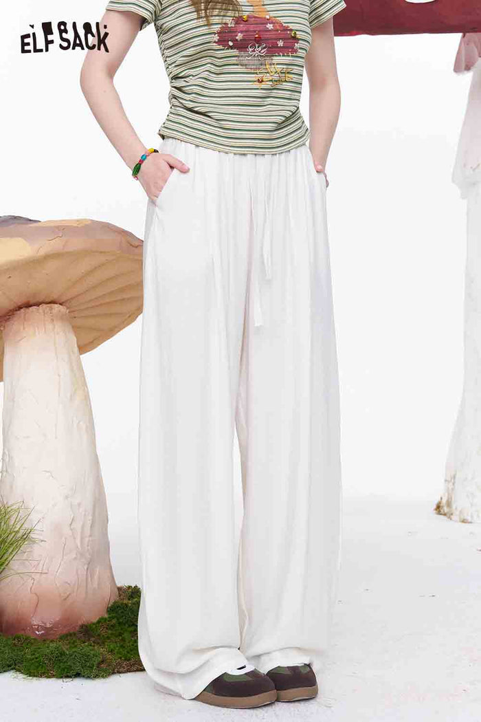 ELFSACK Linen Blend Drawstring Waist Wide Leg Pants