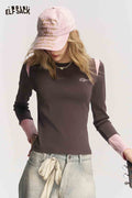 Long Sleeve Contrast Patchwork Letter Graphic Tee