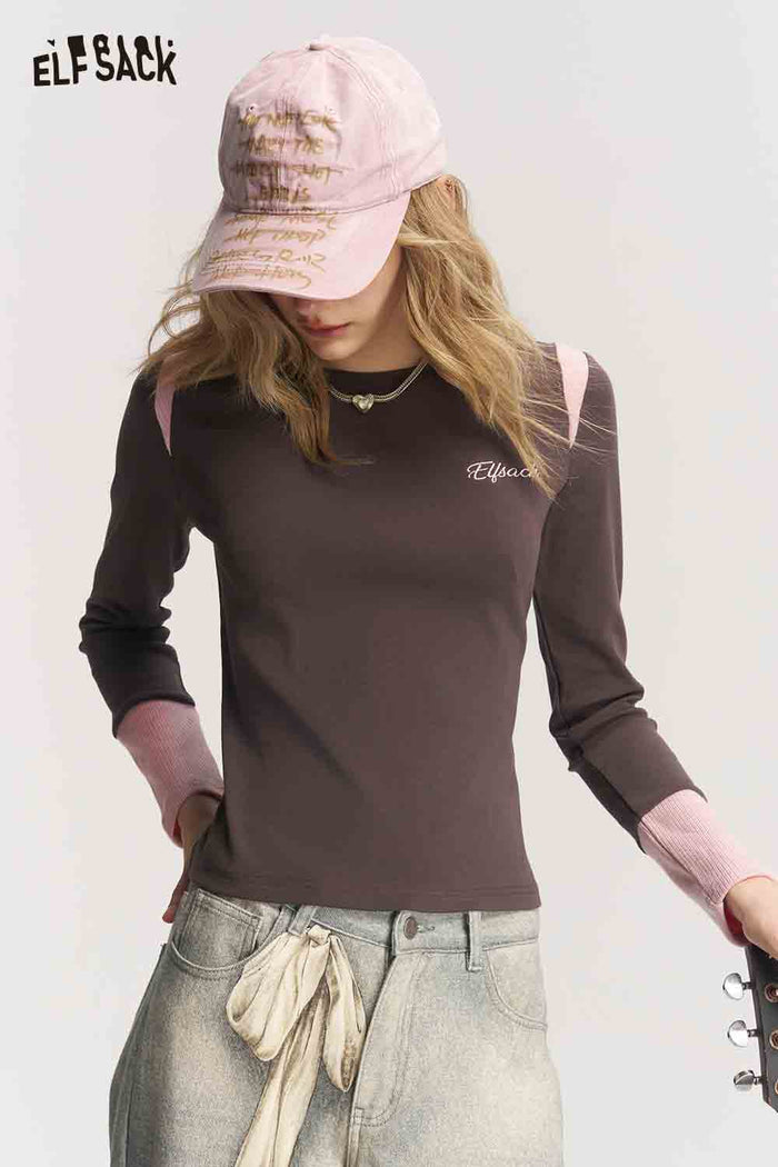 Long Sleeve Contrast Patchwork Letter Graphic Tee