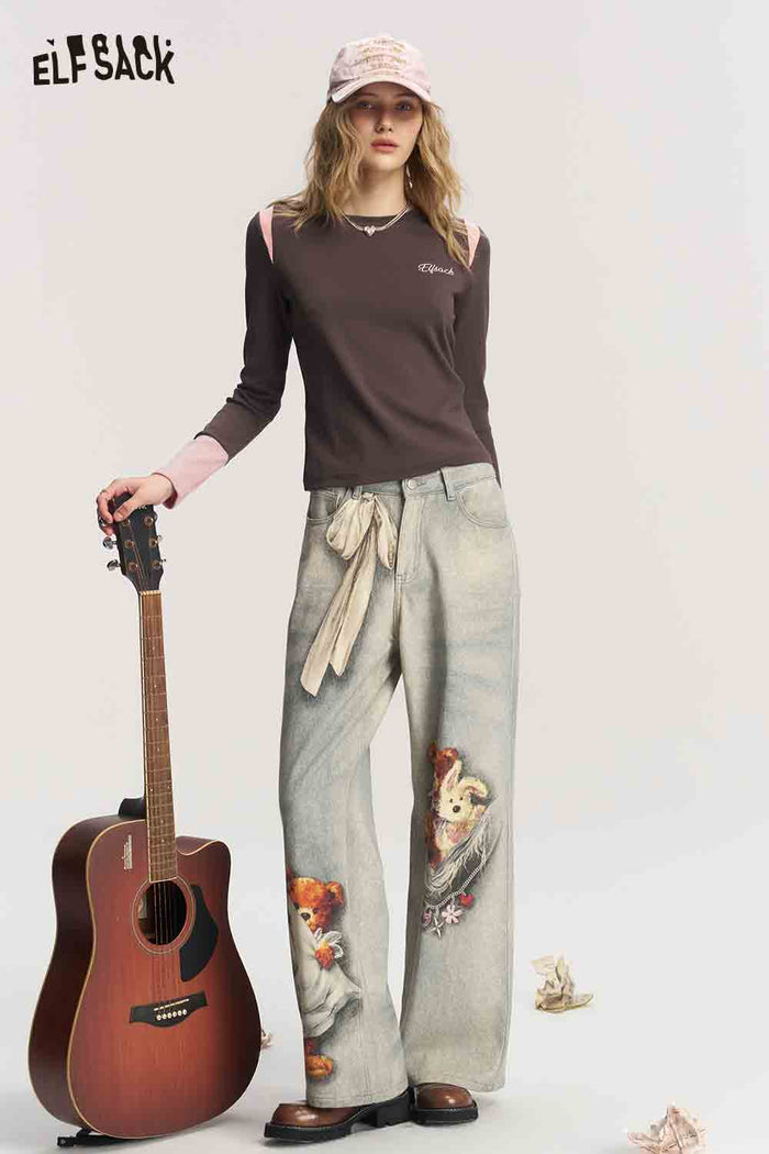 Long Sleeve Contrast Patchwork Letter Graphic Tee
