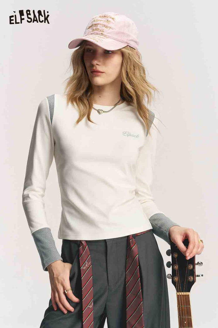 Long Sleeve Contrast Patchwork Letter Graphic Tee