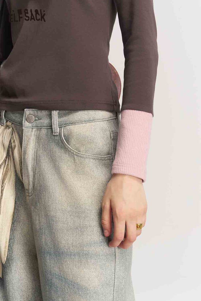 Long Sleeve Contrast Patchwork Letter Graphic Tee