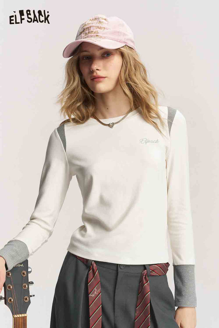 Long Sleeve Contrast Patchwork Letter Graphic Tee