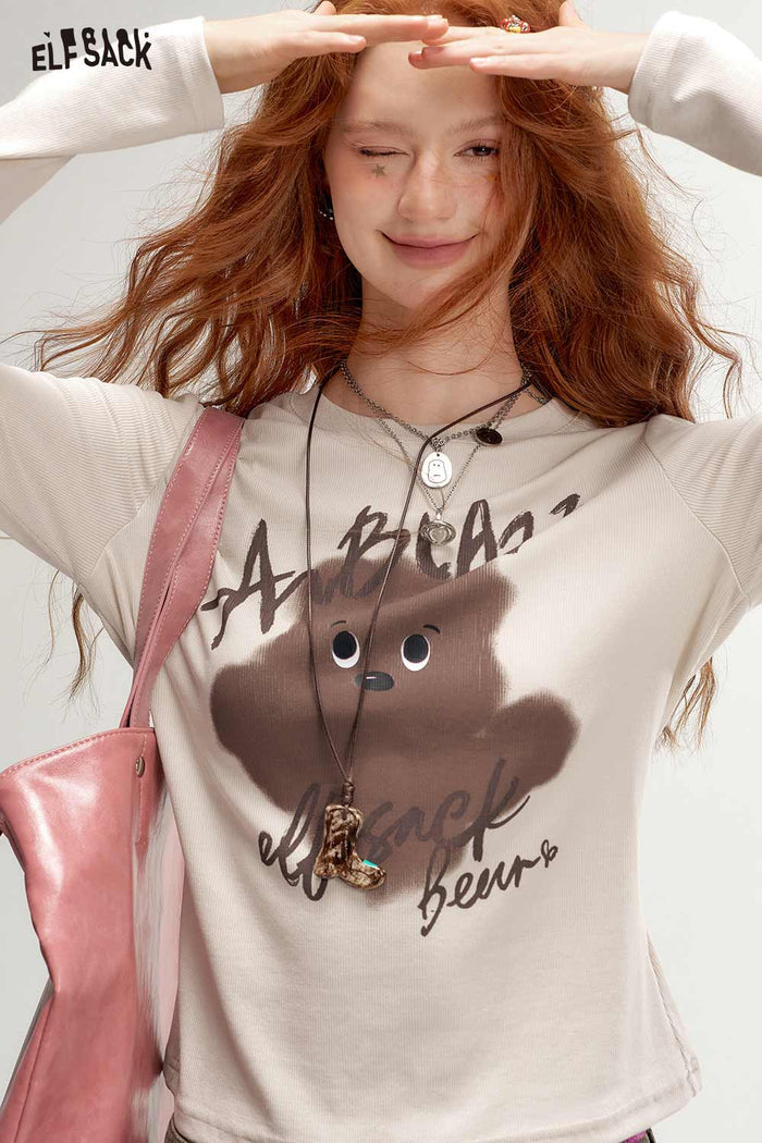 Long Sleeve Crop Bear Graphic Tee