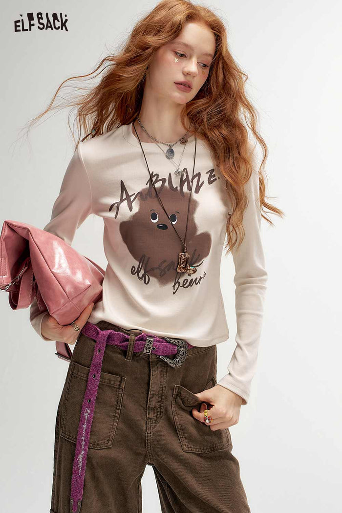 Long Sleeve Crop Bear Graphic Tee