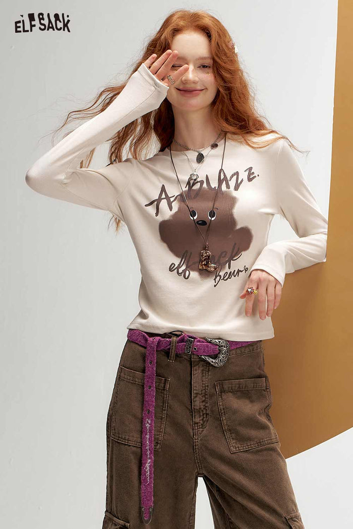 Long Sleeve Crop Bear Graphic Tee