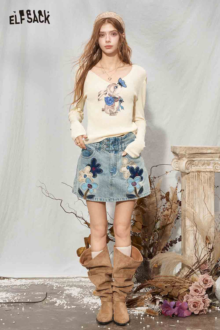 Long Sleeve Cropped Sweater Rabbit Butterfly Print