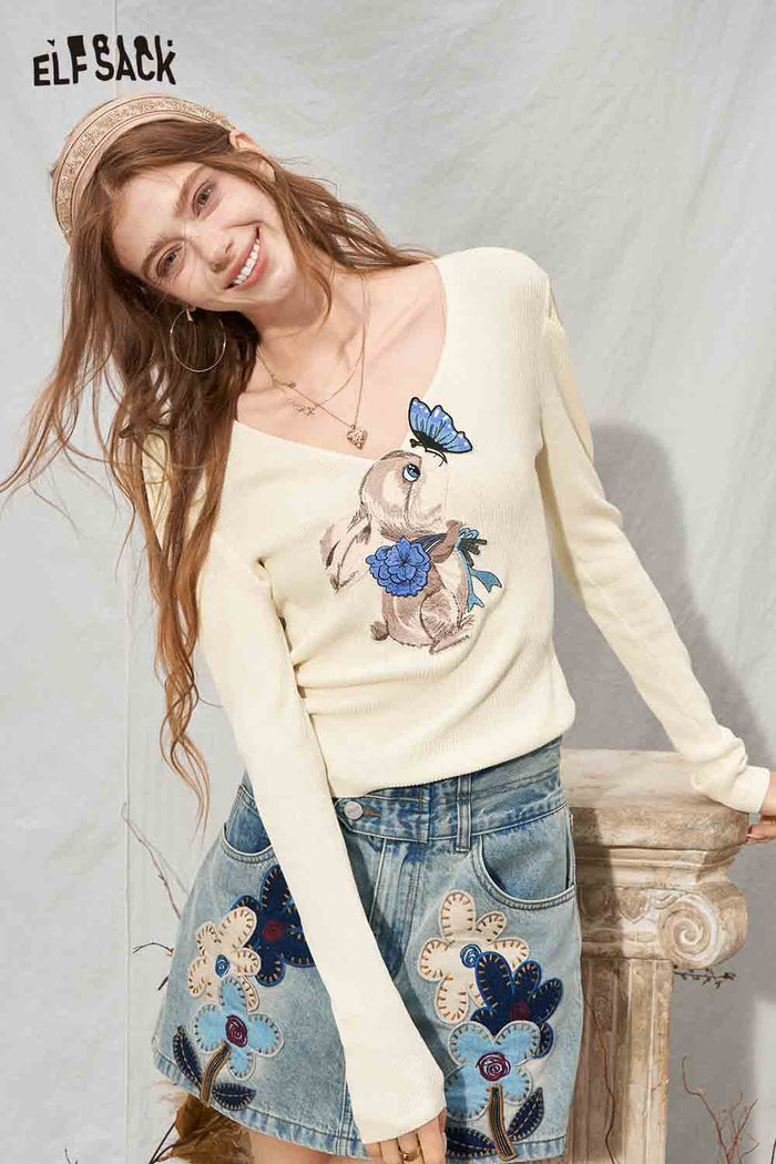 Long Sleeve Cropped Sweater Rabbit Butterfly Print
