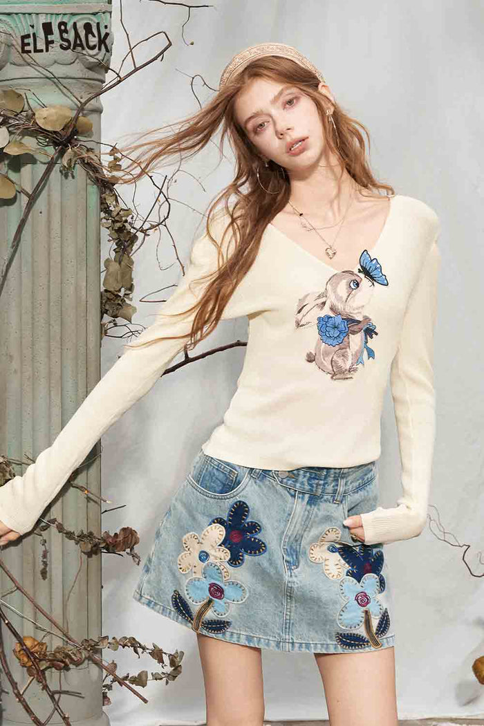 Long Sleeve Cropped Sweater Rabbit Butterfly Print