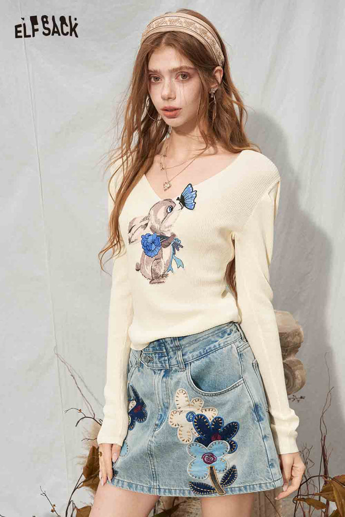 Long Sleeve Cropped Sweater Rabbit Butterfly Print