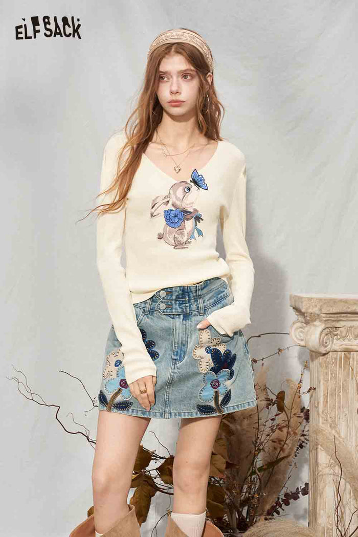 Long Sleeve Cropped Sweater Rabbit Butterfly Print