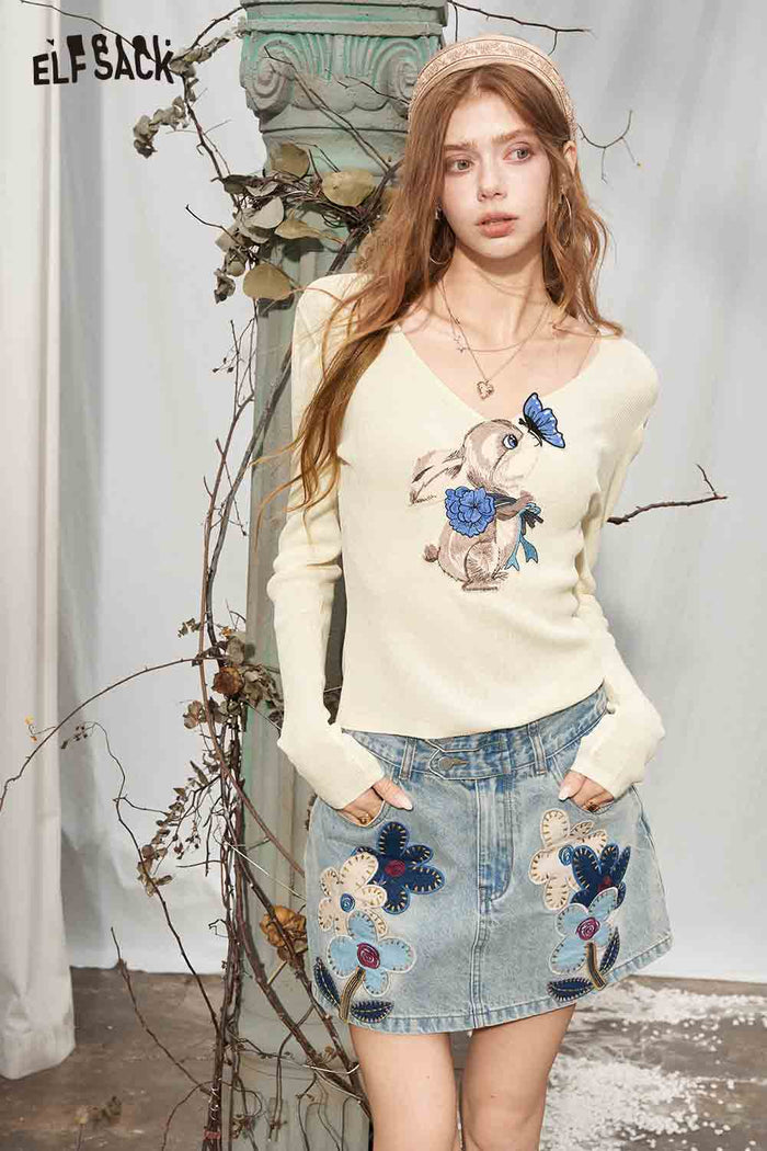 Long Sleeve Cropped Sweater Rabbit Butterfly Print