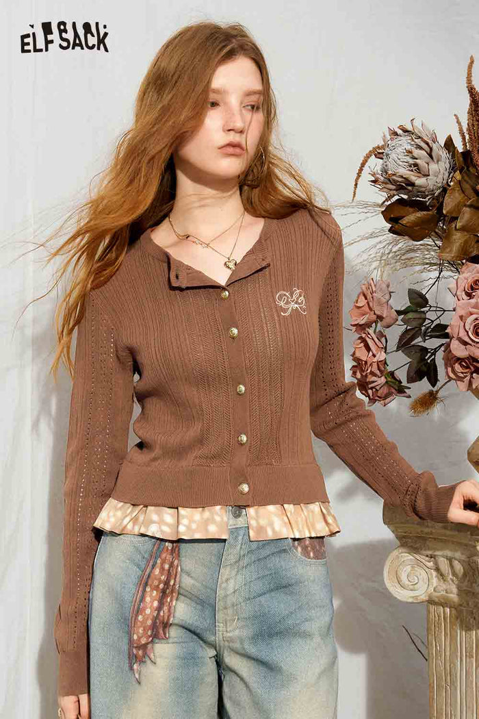 Long Sleeve Embroidered Ruffle Hem Cardigan