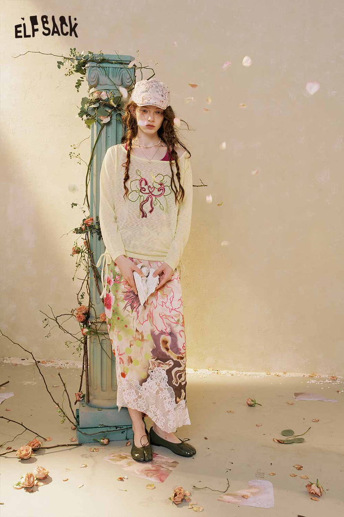 ELFSACK Long Sleeve Floral Bow Drawstring Top