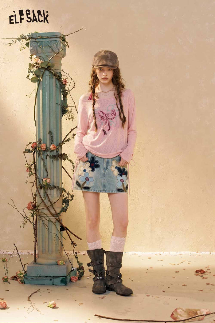 ELFSACK Long Sleeve Floral Bow Drawstring Top