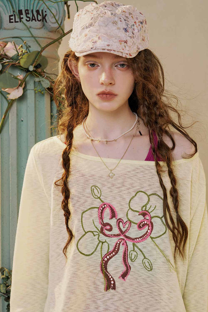 ELFSACK Long Sleeve Floral Bow Drawstring Top